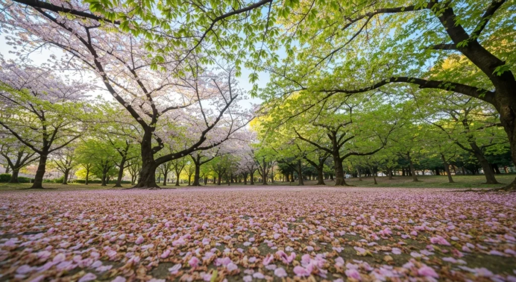 A park path covered with fallen pink cherry blossom petals and lush green leaves on trees in the morning sun.