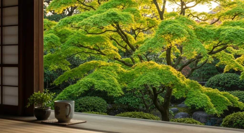 A peaceful garden view with vibrant fresh green leaves under a soft spring evening sky.