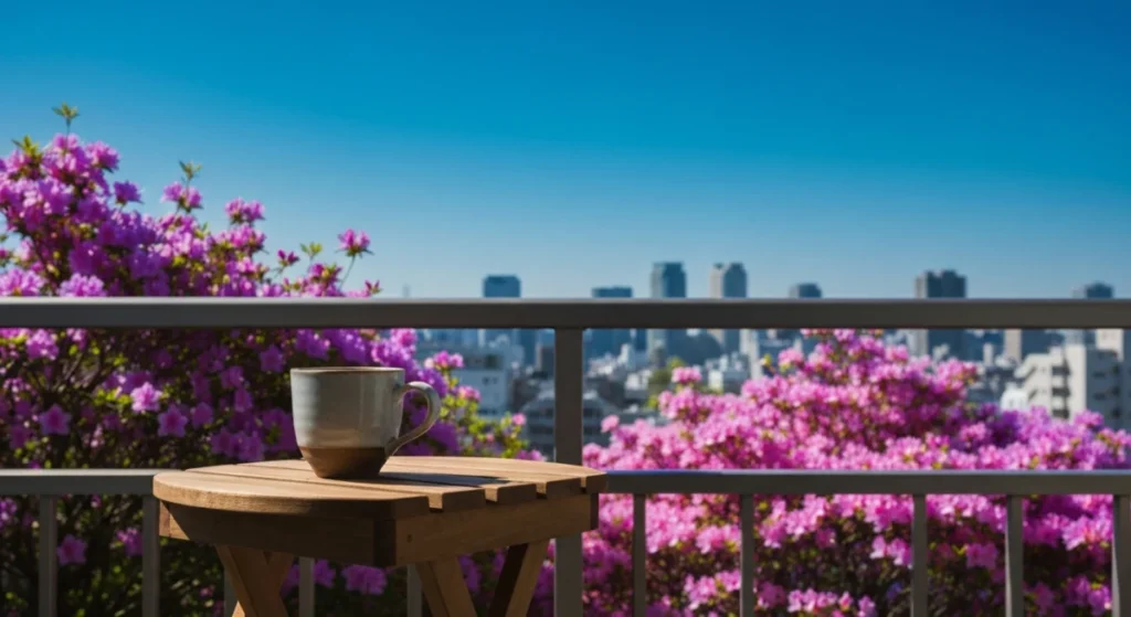A peaceful balcony view under a deep blue sky with pink azaleas in bloom and a ceramic mug on a table.