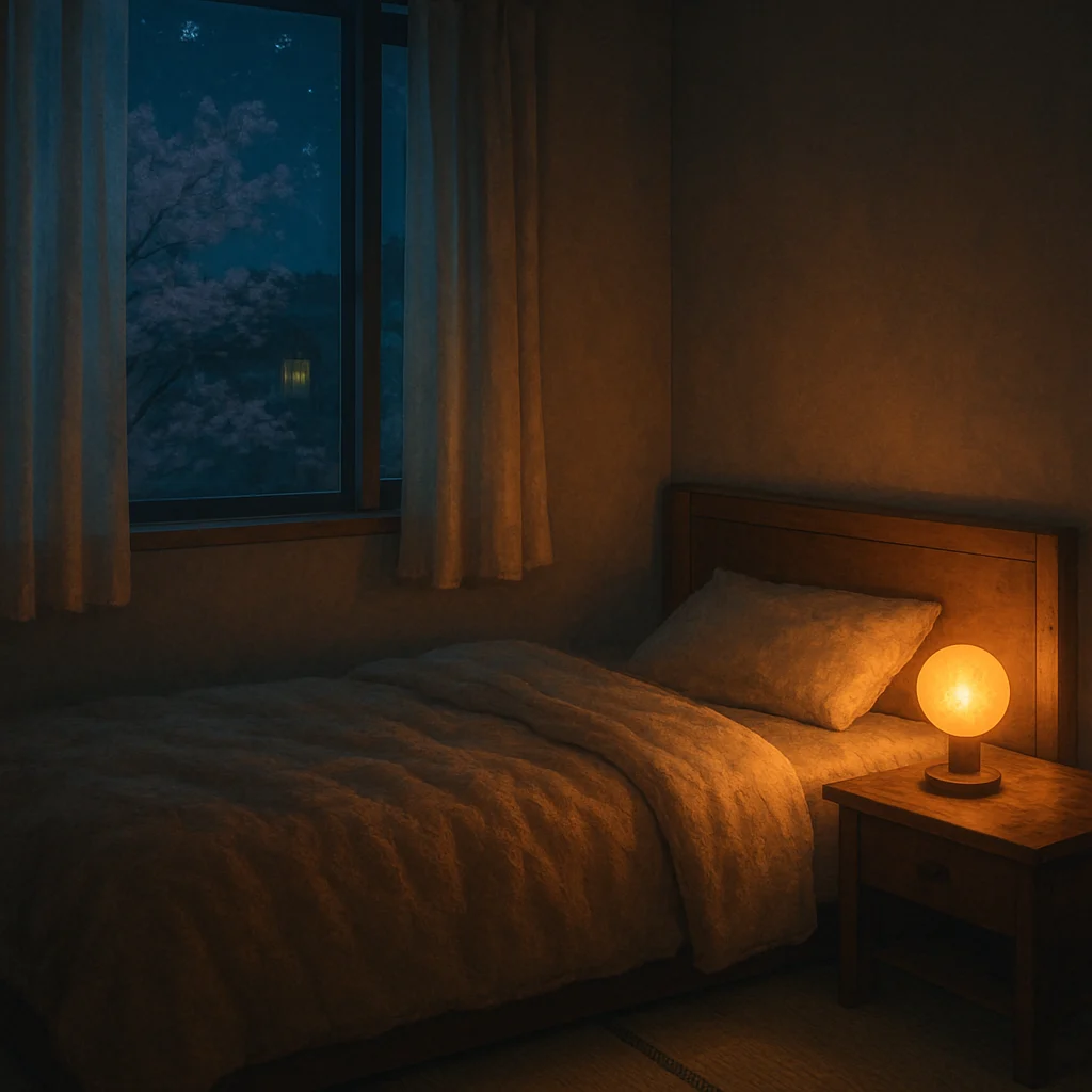 春の夜の静かな部屋。温かな布団と窓から入る風、ノートの角が見える穏やかな光景。