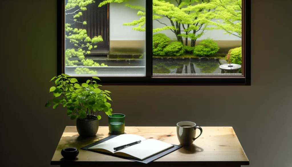 窓辺の春の風景とノート、小物が並ぶ静かな部屋の一場面
