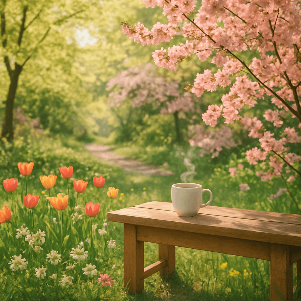 Ein sonniger Garten im April mit einer Holzbank und einer dampfenden Kaffeetasse unter blühenden Bäumen.