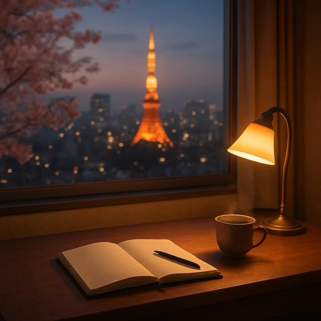 春の東京の夕暮れ、静かな部屋とノート、窓の外の灯り