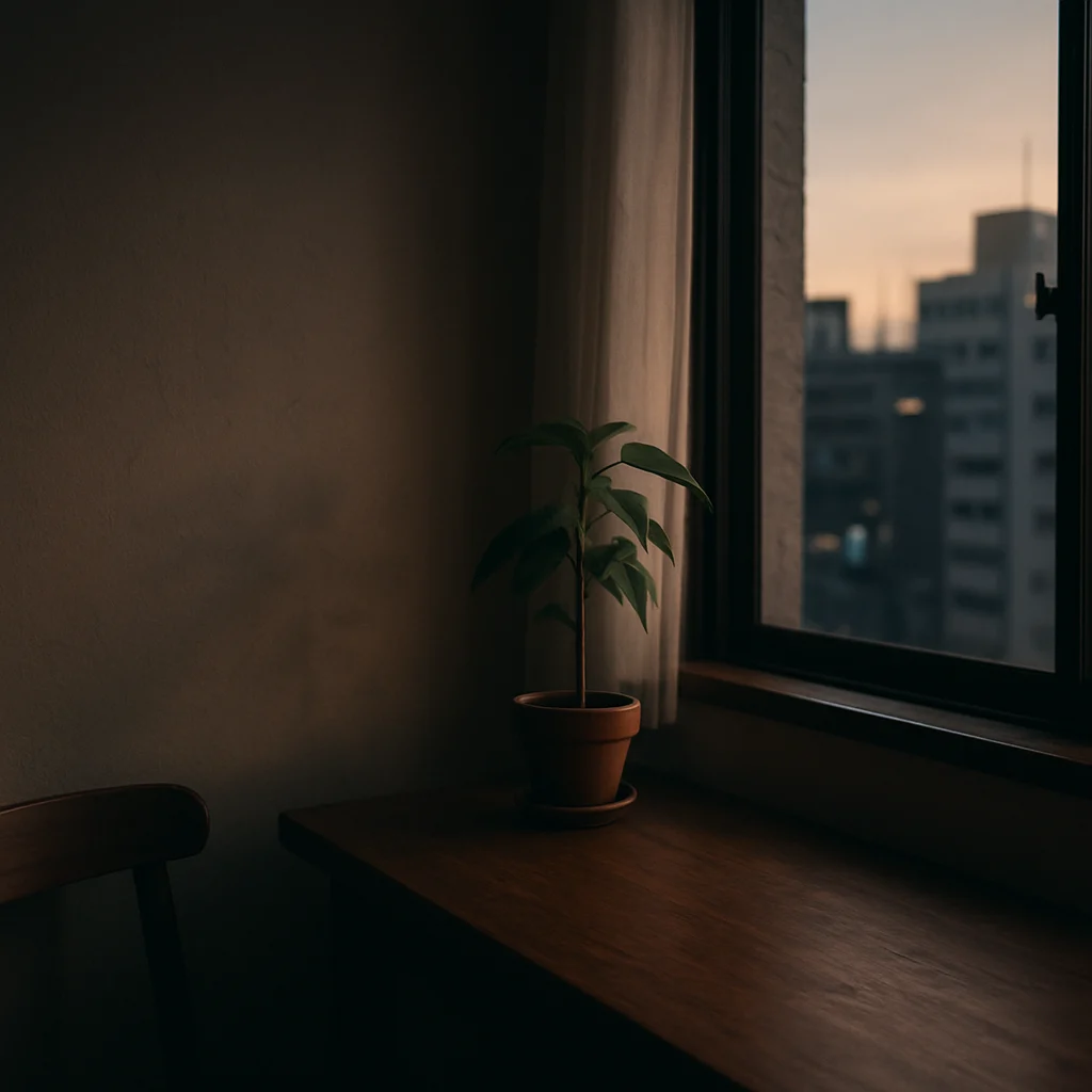 東京の夕暮れ、窓辺の植物と木の陰が作る静かな情景