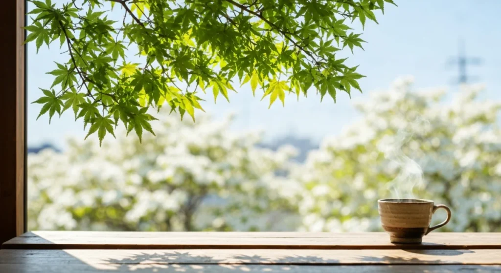 朝の光を浴びる若葉と陶器のカップ