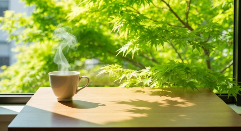 窓辺に置かれたコーヒーカップと、窓の外に広がる鮮やかな新緑の風景