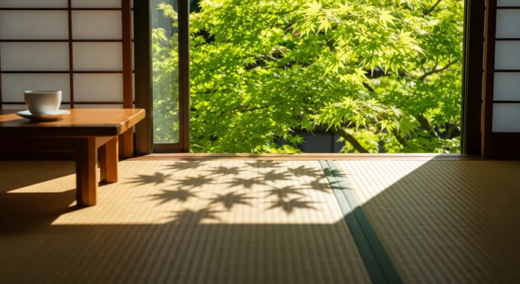 窓辺の新緑と木漏れ日が差し込む畳の部屋、そして置かれたコーヒーカップ