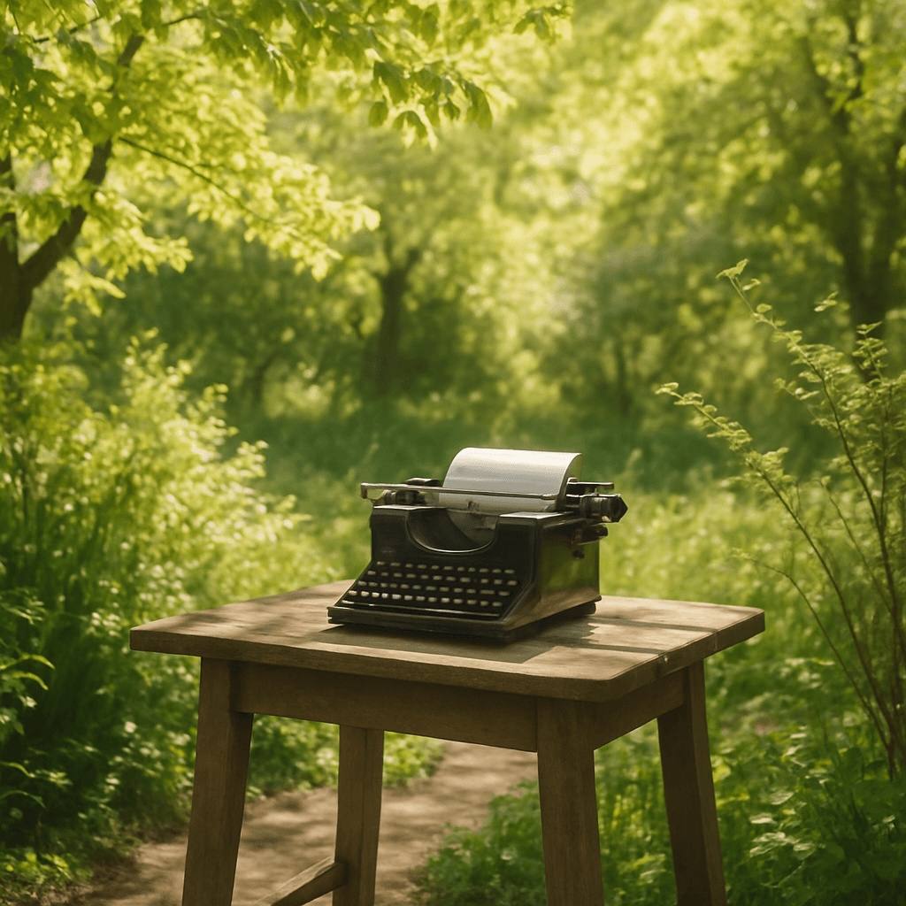 A vintage typewriter on a wooden table in a sunlit garden with fresh green leaves in late April.