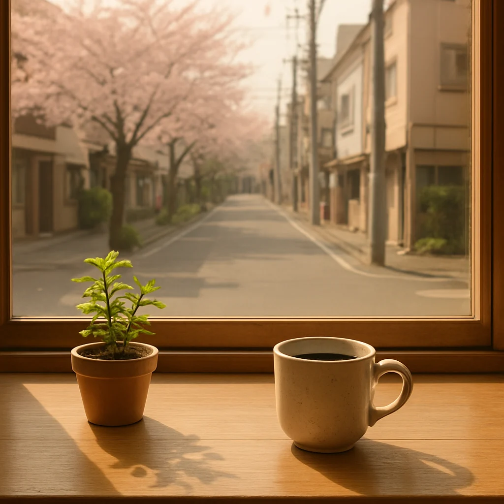 窓辺に置かれたコーヒーカップと花、春の穏やかな日差しが差し込む部屋の情景