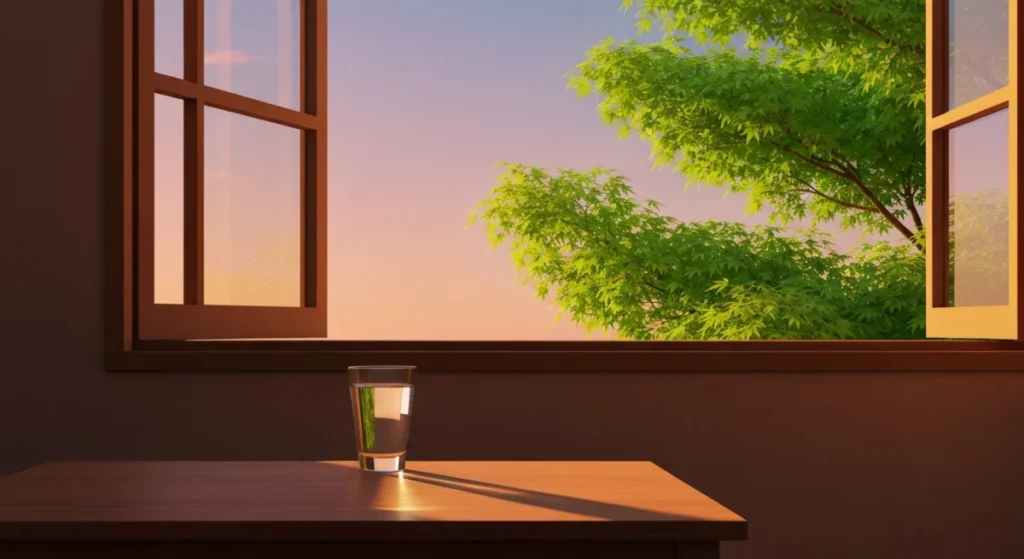 Ein Glas Wasser auf einem Holztisch im warmen Abendlicht, im Hintergrund frische grüne Blätter vor einem Fenster.