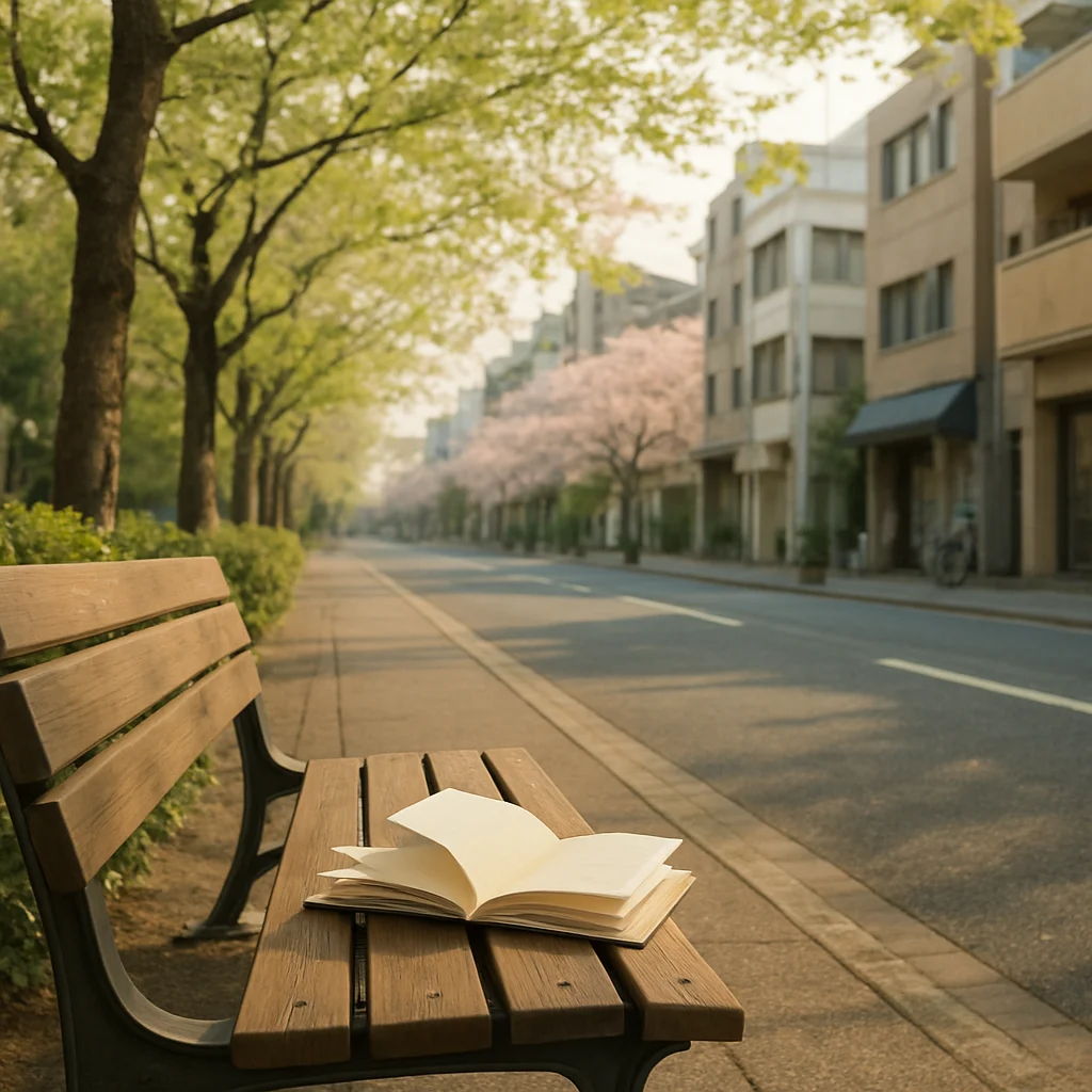 東京の午後、木陰のベンチとノートがある穏やかな光景