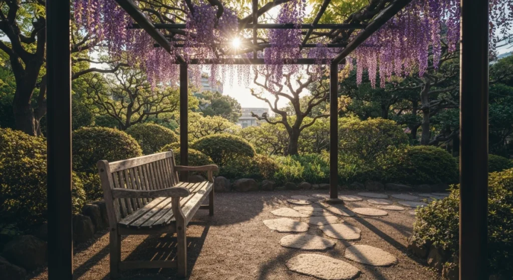 庭のベンチの横で揺れる紫色の藤の花と地面に落ちる影