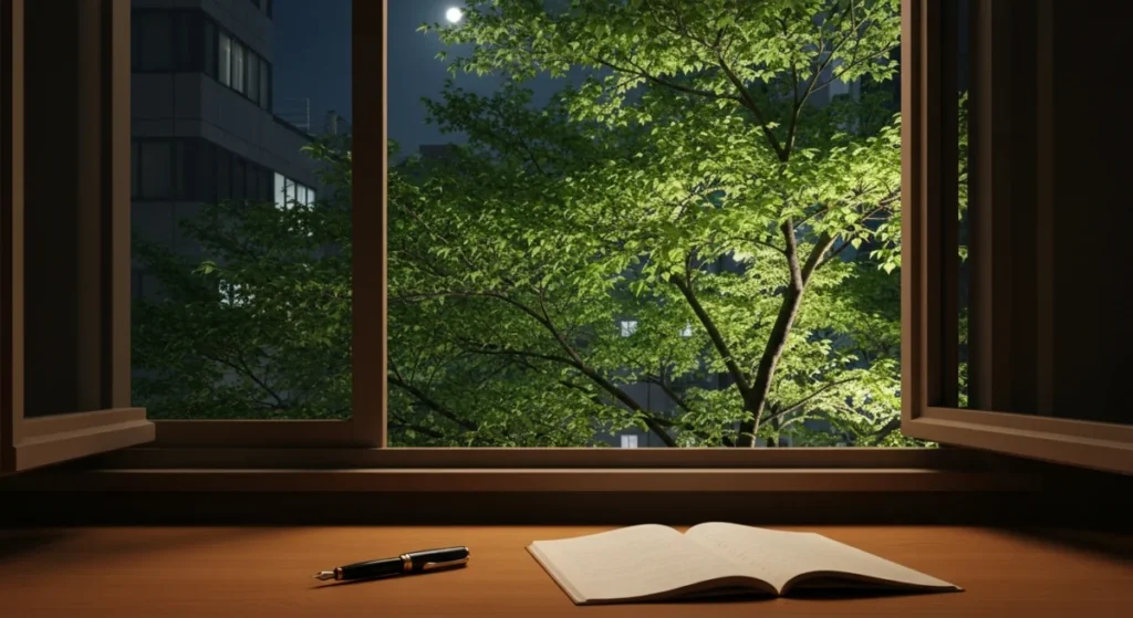 A fountain pen and a notebook on a wooden desk by a window at night, with fresh green leaves visible outside under the moonlight.
