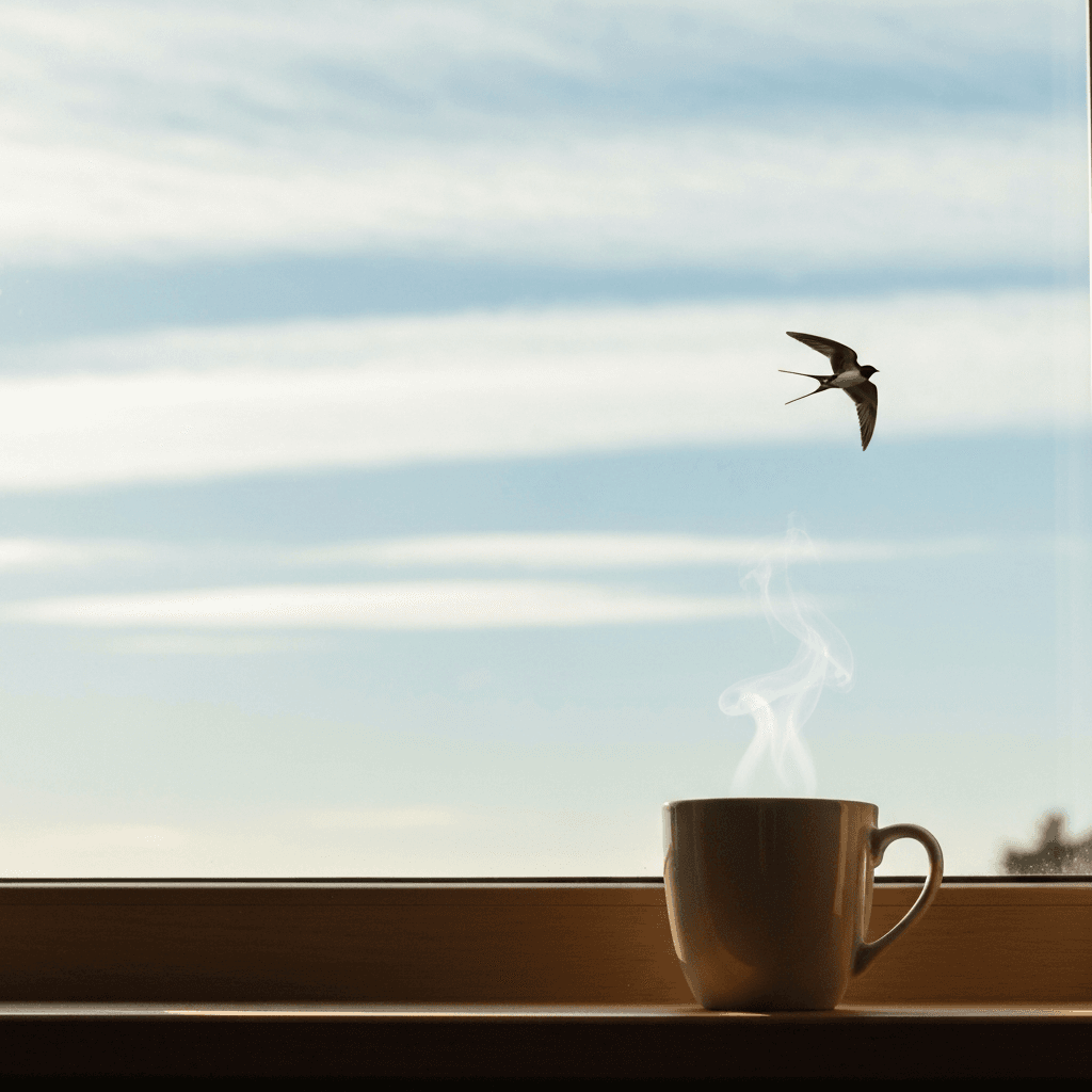窓辺に置かれた温かいコーヒーが入った白いマグカップと、背景に見える淡い水色の空