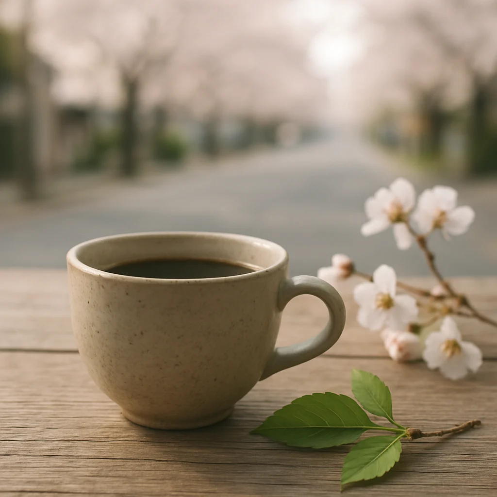 穏やかな光を受ける東京の庭。テーブルにはコーヒーカップと小さな花が置かれ、風で葉が揺れている。