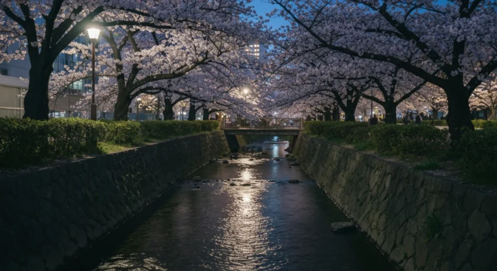 夜の窓辺に置かれた万年筆と、外に広がる新緑の木々