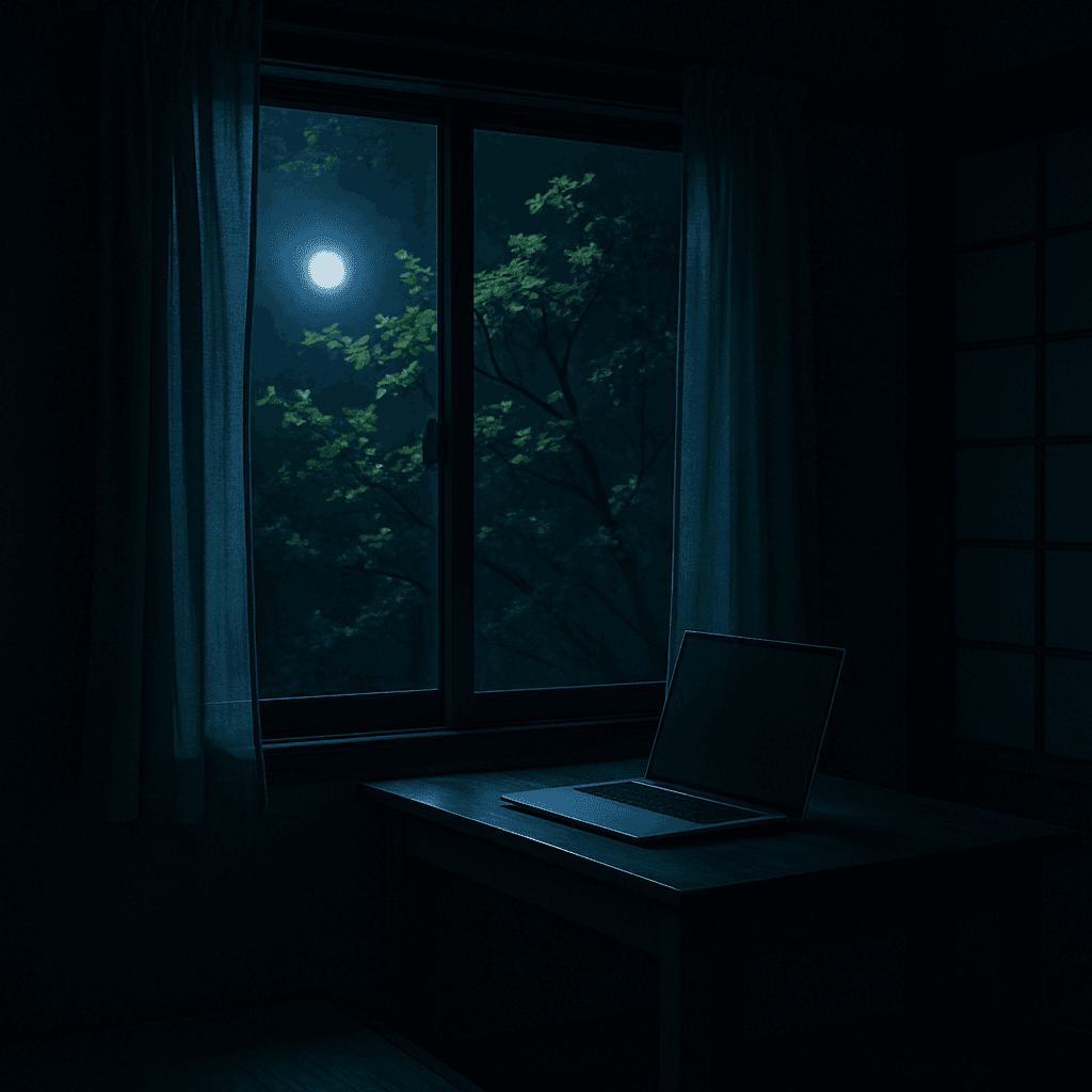夜の窓辺で、わずかに開いたカーテンから差し込む月光と、机の上のノートパソコン