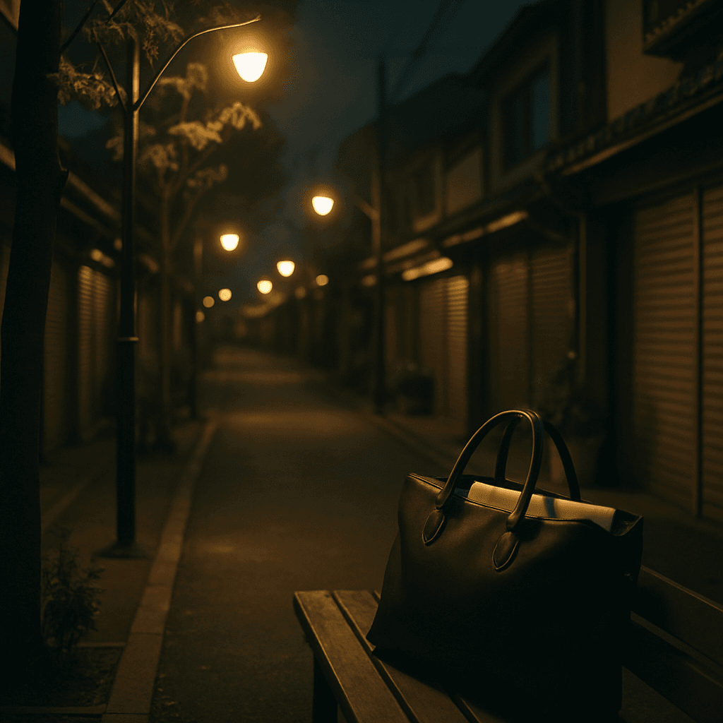 夜の商店街で街灯に照らされた静かな風景