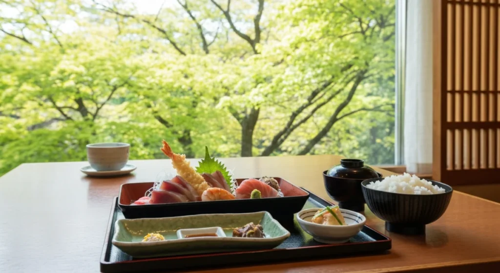 春の光が差し込むレストランでの豪華な和食ランチ