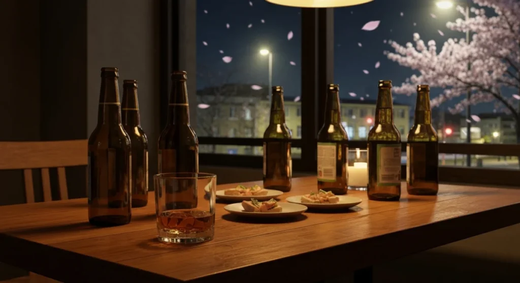 テーブルに並んだ酒瓶とグラス、窓の外に見える春の夜景