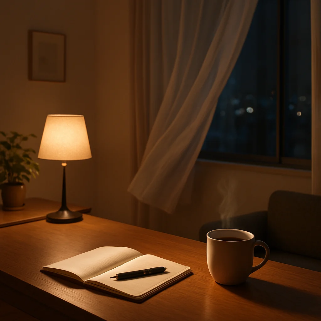 窓辺の夜、やわらかな光と静かな部屋の風景。ノートと小さな温もりの香り。