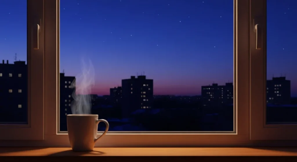 夕暮れ時の窓辺に置かれたマグカップと、深い藍色に染まる空の風景