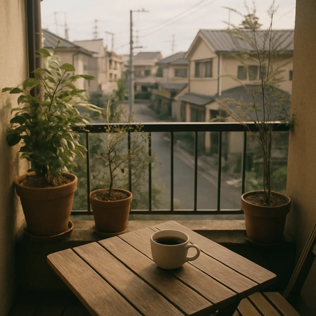 窓辺のテーブルに置かれたコーヒーカップと、風で揺れる鉢植えの葉、穏やかな午後の街並みを写した風景