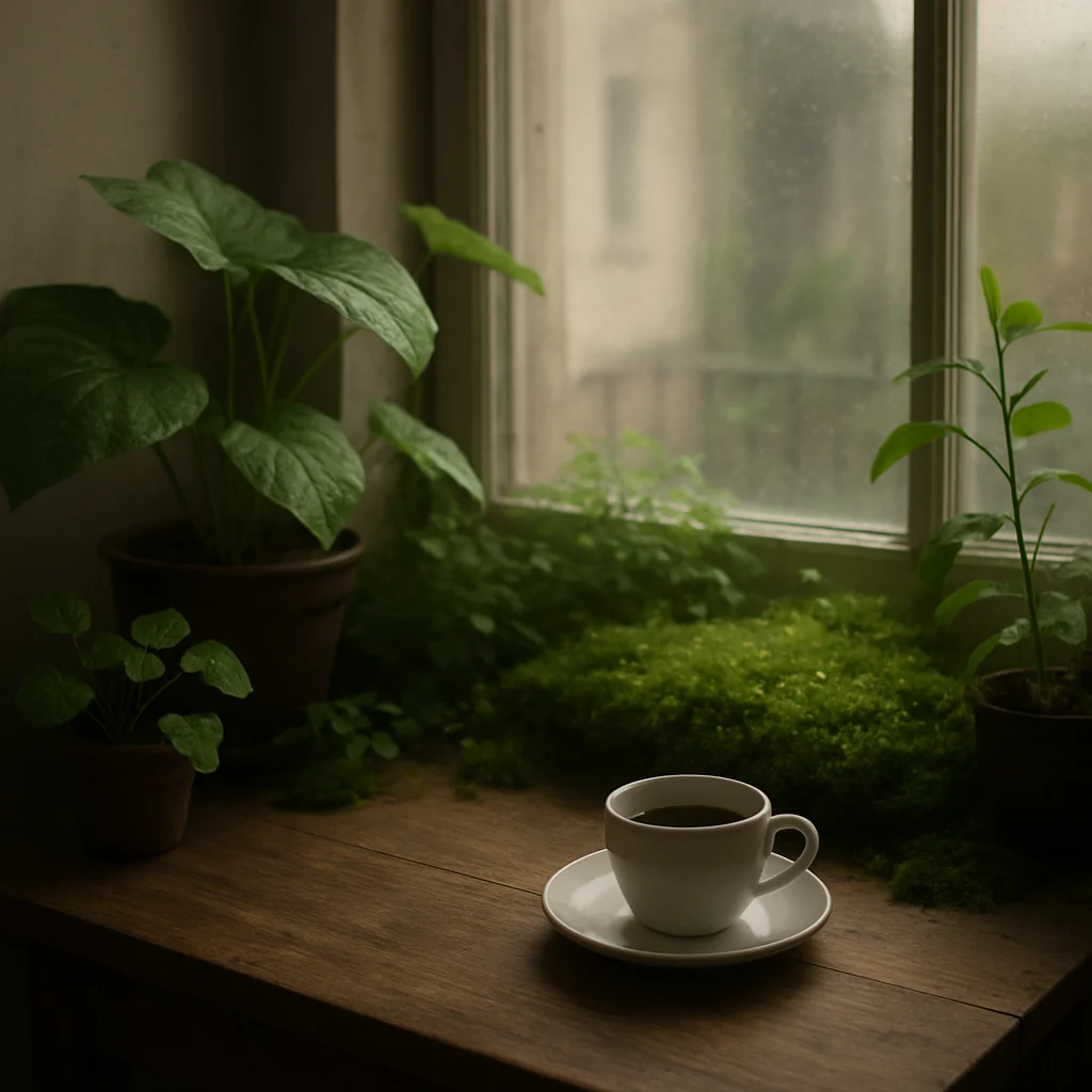 窓辺のコーヒーカップと葉がやわらかな光を受ける、小さな都心の庭の情景