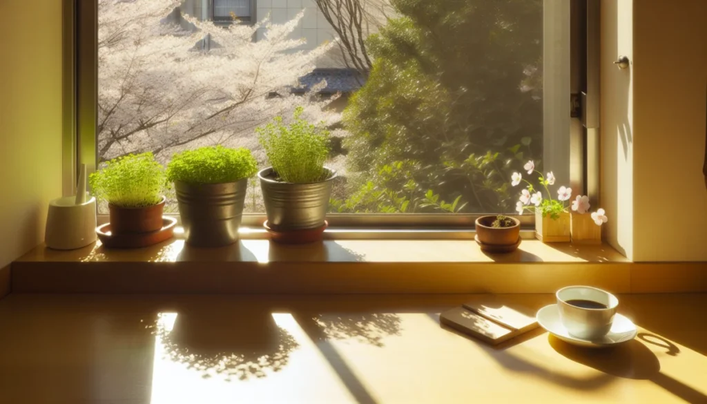 窓辺の春の風景。緑の葉と花が柔らかな光に透け、遠くで鳥がさえずる静かな室内風景。