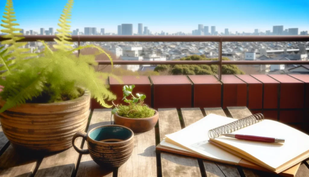 Spring morning on a Tokyo balcony garden with a notebook and coffee cup on a wooden table, fern fronds swaying under a clear blue sky.