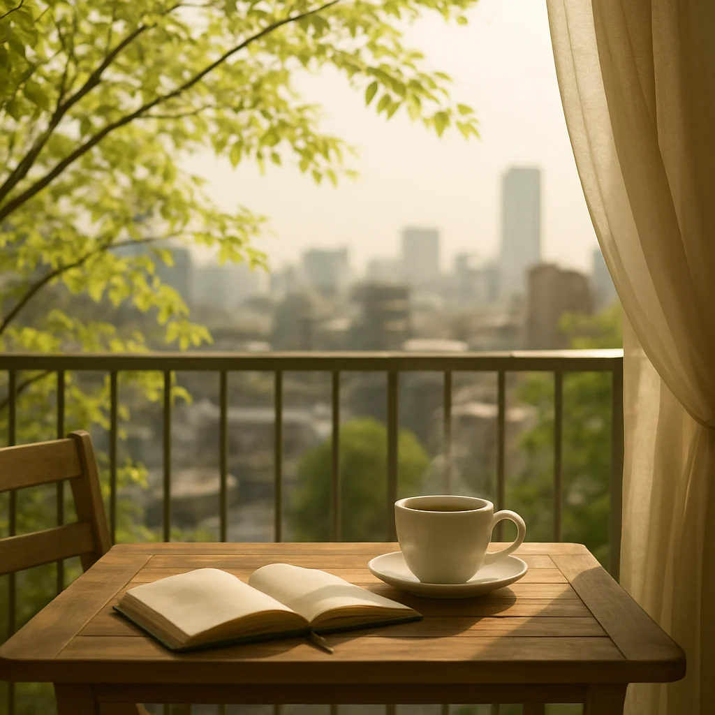 春の東京の窓辺、やわらかな光の中、コーヒーカップとノートを置いたテーブルの風景
