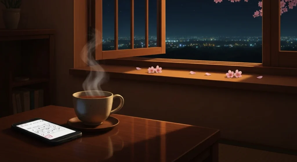 夜のリビングに置かれた温かいお茶とスマートフォンのカレンダー
