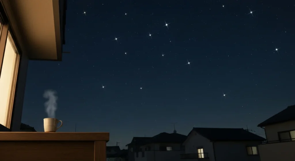 A clear night sky over a quiet residential area in Tokyo, with visible stars and a warm mug on a balcony railing.