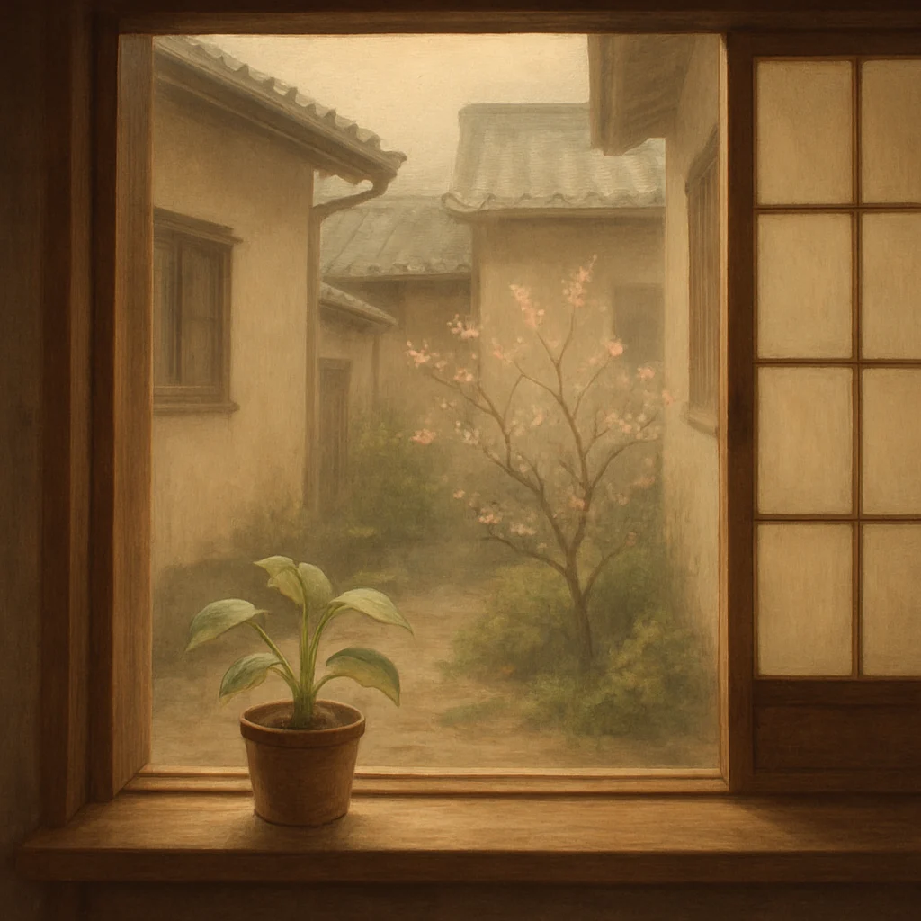 東京の窓辺と外の芽吹きを含む静かな風景