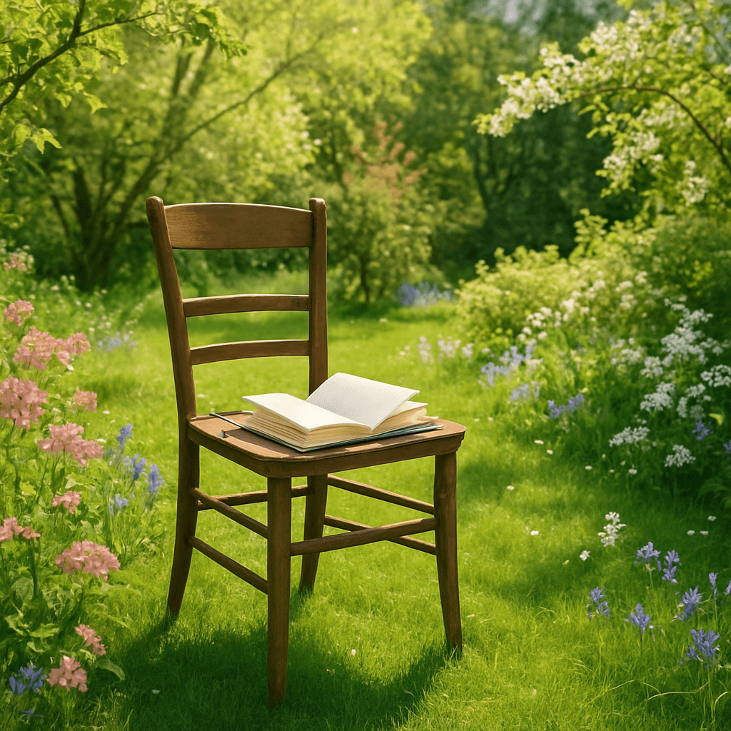 A sunny spring garden with a wooden chair and an open notebook under the midday sun.