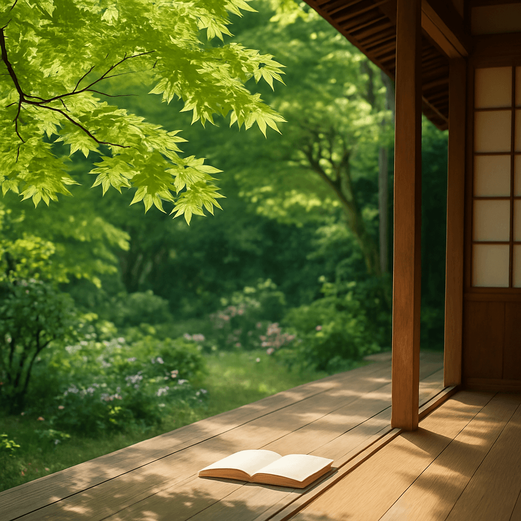 A peaceful wooden porch overlooking a lush green spring garden with an open notebook in the dappled sunlight.