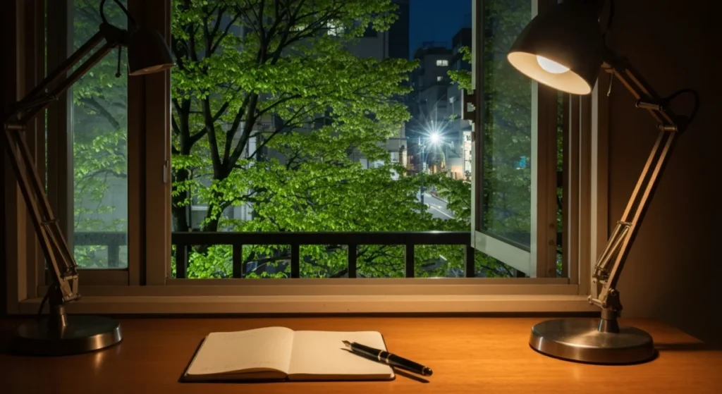 夜の街灯に照らされた瑞々しい若葉と、机の上のノート
