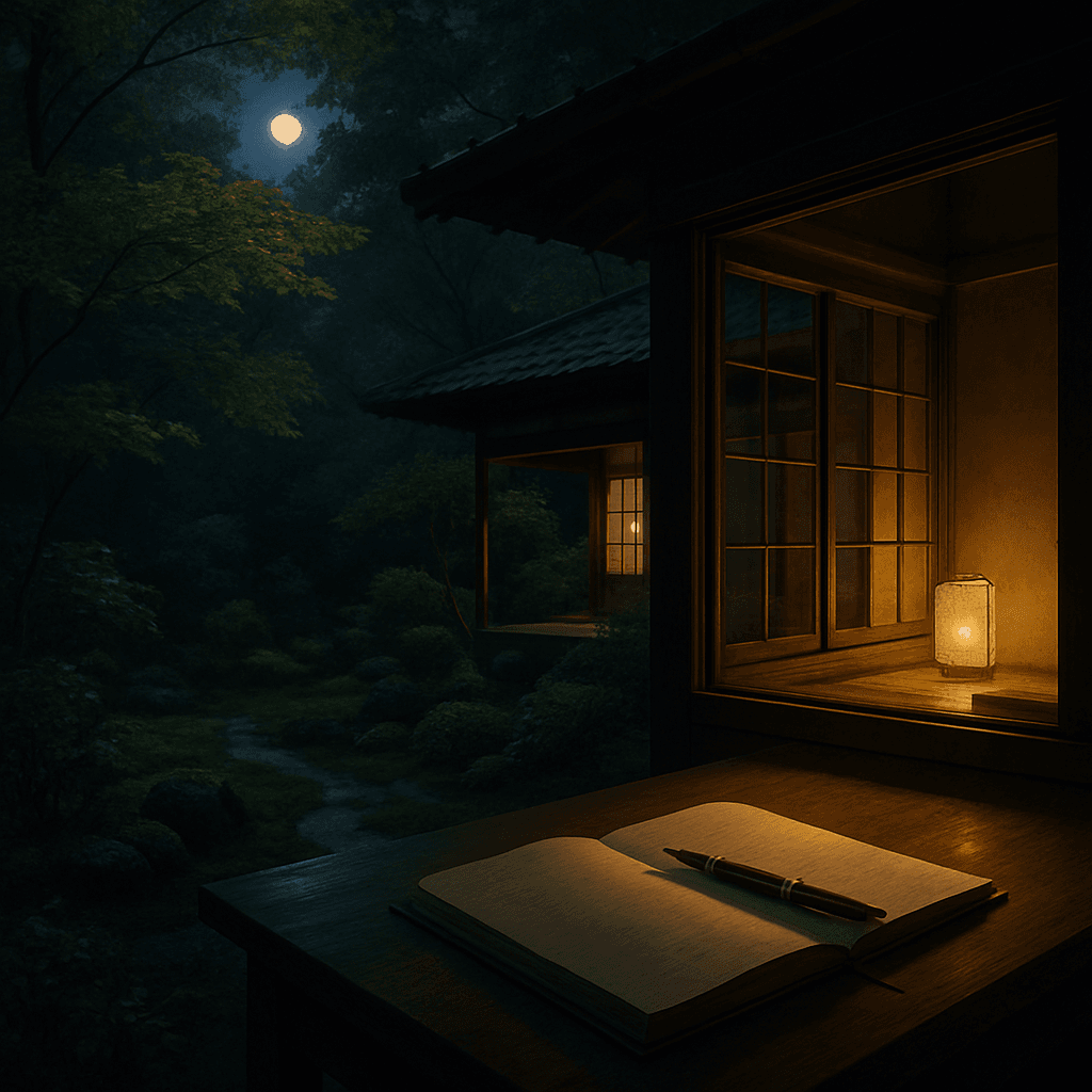 夜の庭から漂う香りに包まれ、机の上に置かれた万年筆と静かな部屋の風景