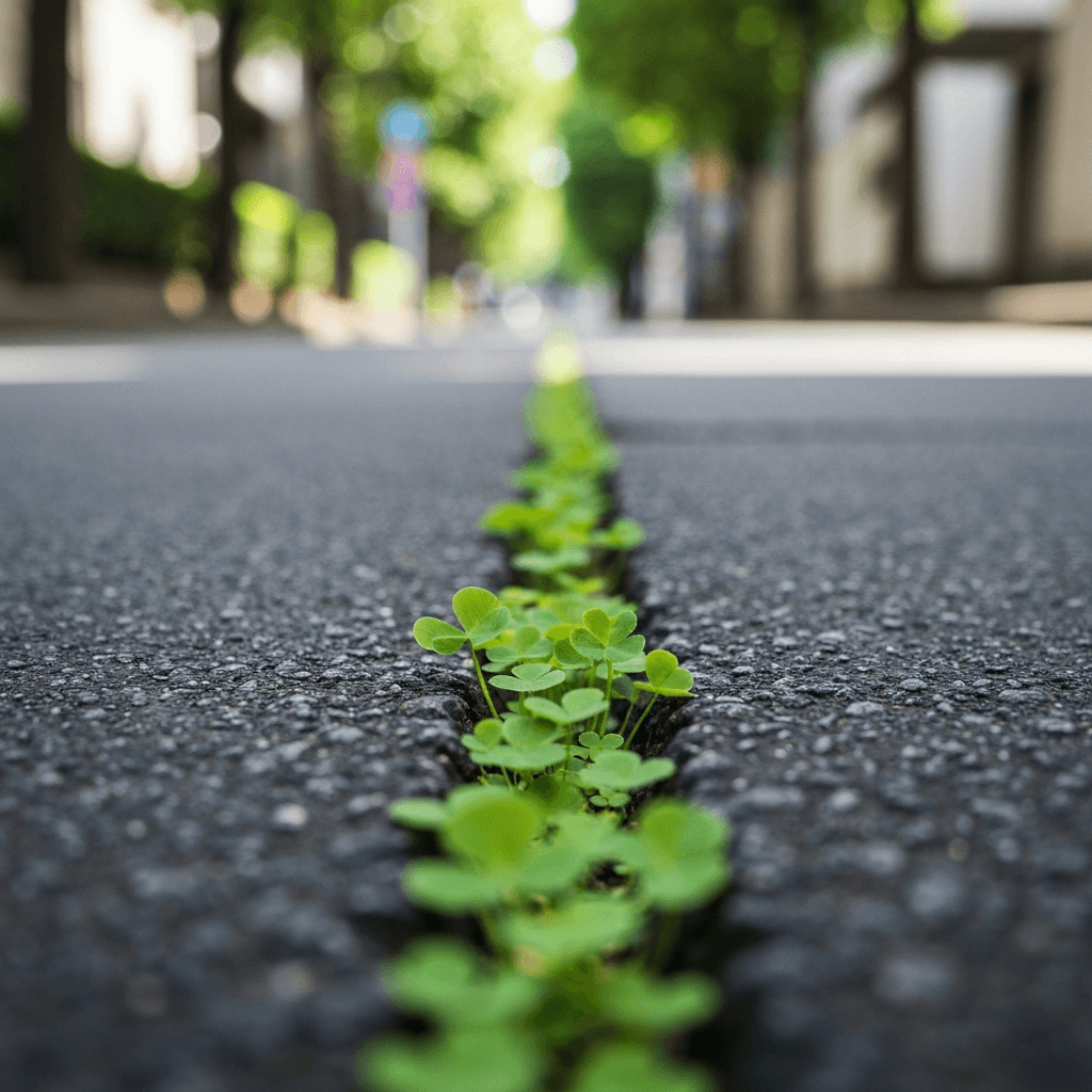 初夏の東京の道端で、アスファルトの隙間から生える小さな緑の植物に太陽の光が当たる様子。
