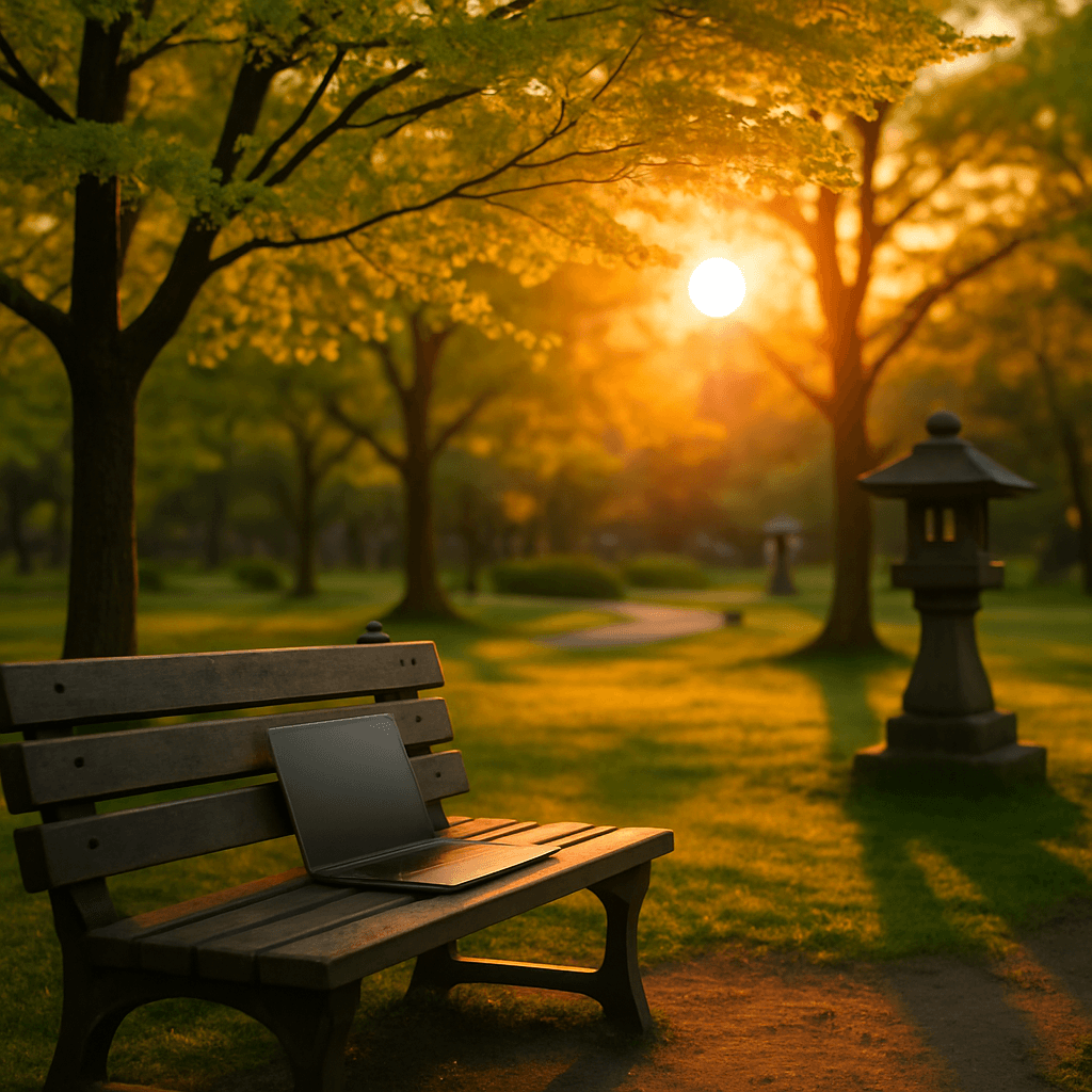 夕日に照らされた公園の若葉と、ベンチに置かれたノートパソコン