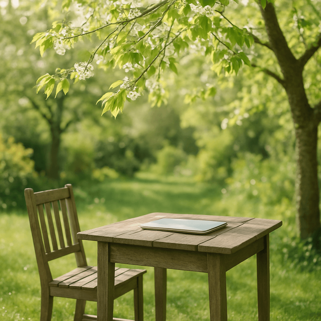 Un jardin printanier ensoleillé avec une table en bois et un ordinateur portable fermé sous la lumière de midi.