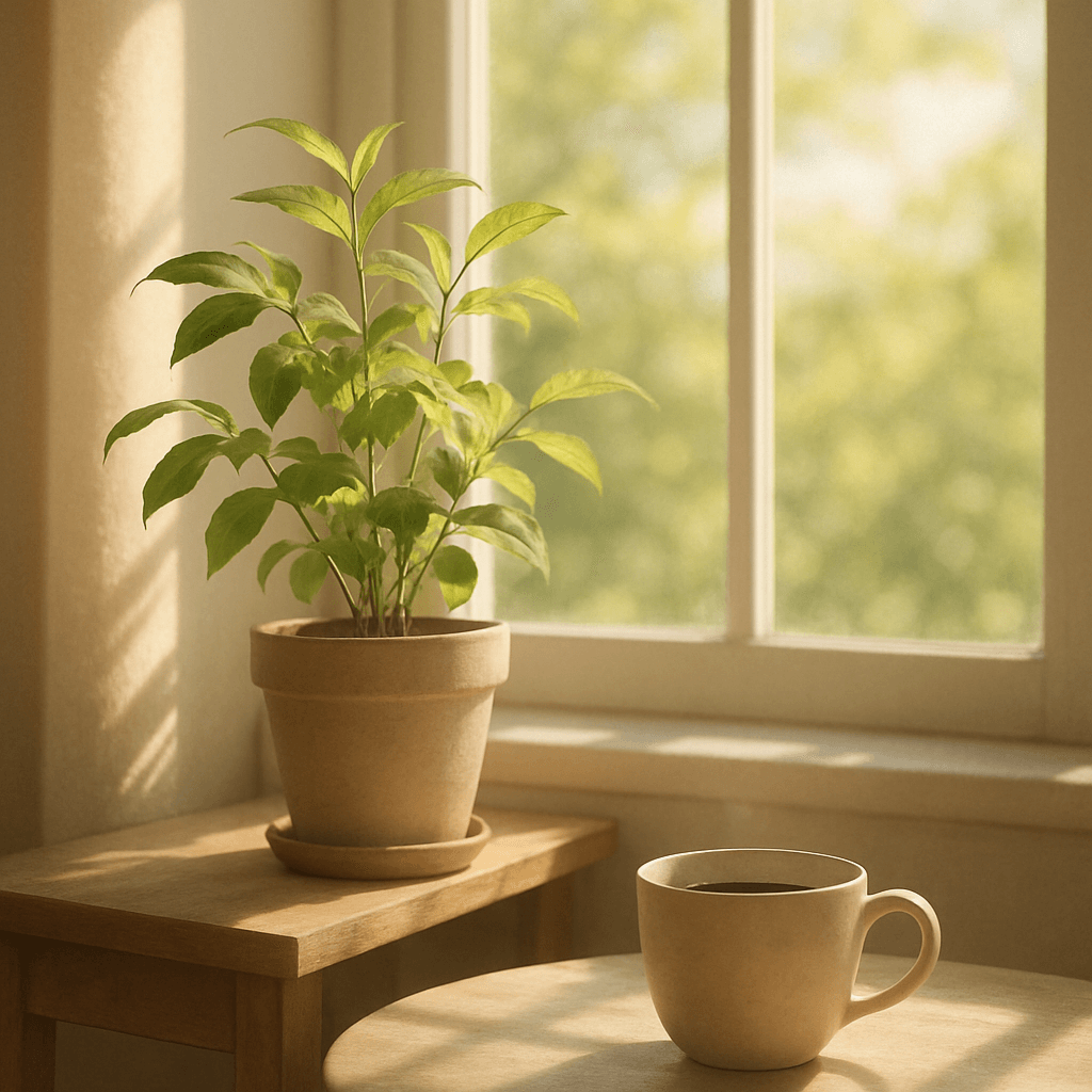 窓辺に置かれた観葉植物と、明るい春の光が差し込む部屋の風景