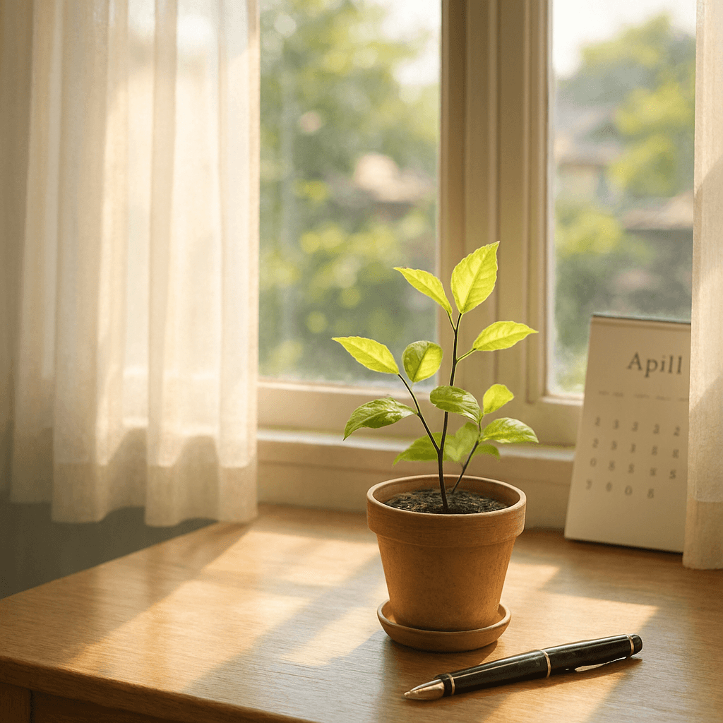 明るい窓辺に置かれた若葉の鉢植えと万年筆
