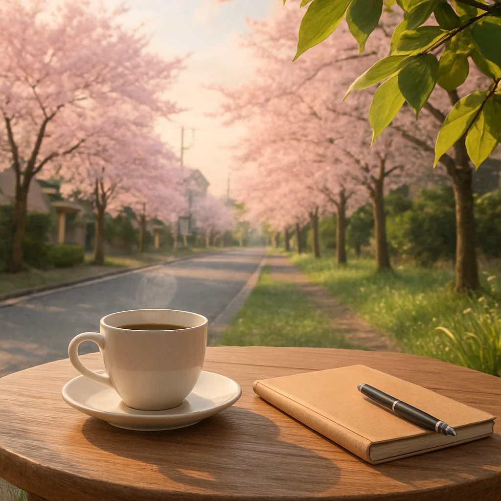 春の東京の穏やかな風景と窓辺の小物を描く情景