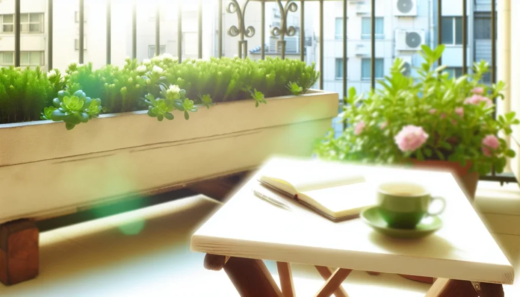 東京の春の穏やかな朝。窓辺の花壇とノート、コーヒーカップを映した静かな風景