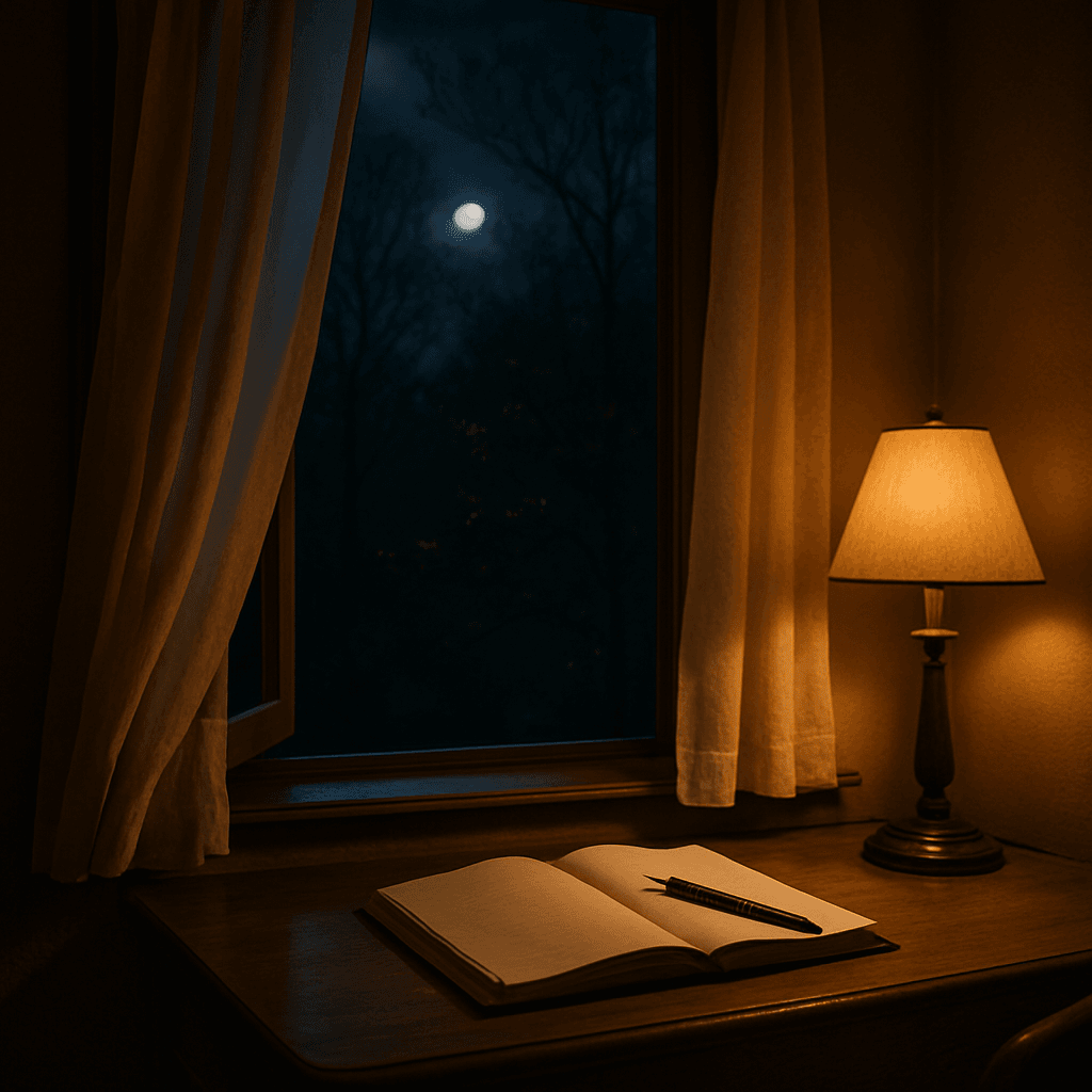 夜の窓辺で揺れる白いカーテンと、机の上に置かれた万年筆とノート