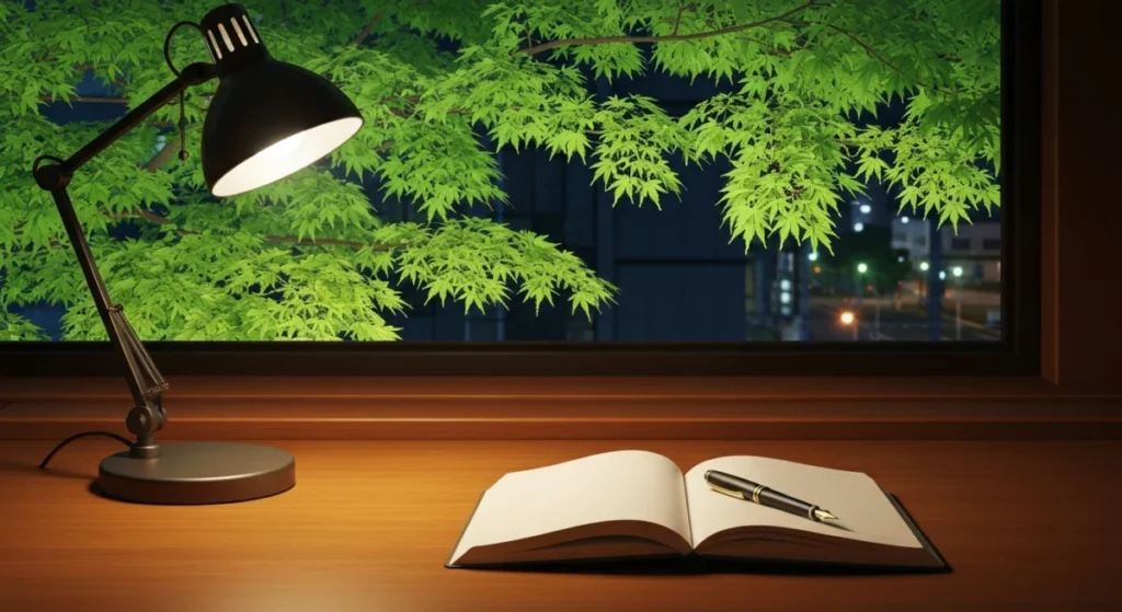 夜の書斎で窓辺にある新緑の葉と万年筆
