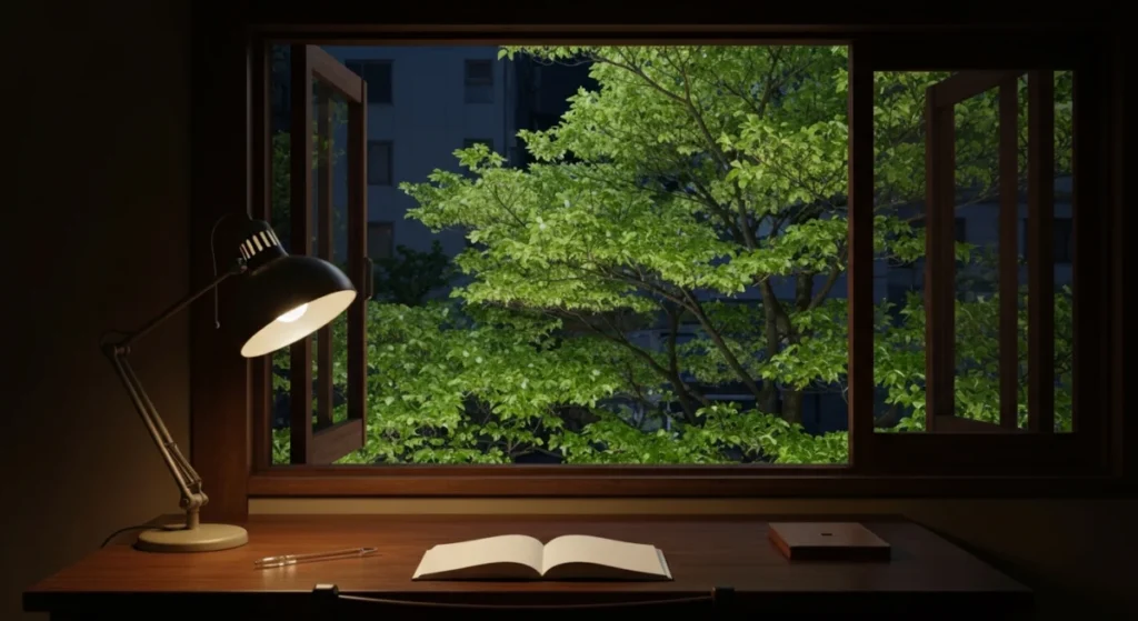 夜の書斎の机に置かれたガラスペンとノート、窓の外に見える新緑の木々