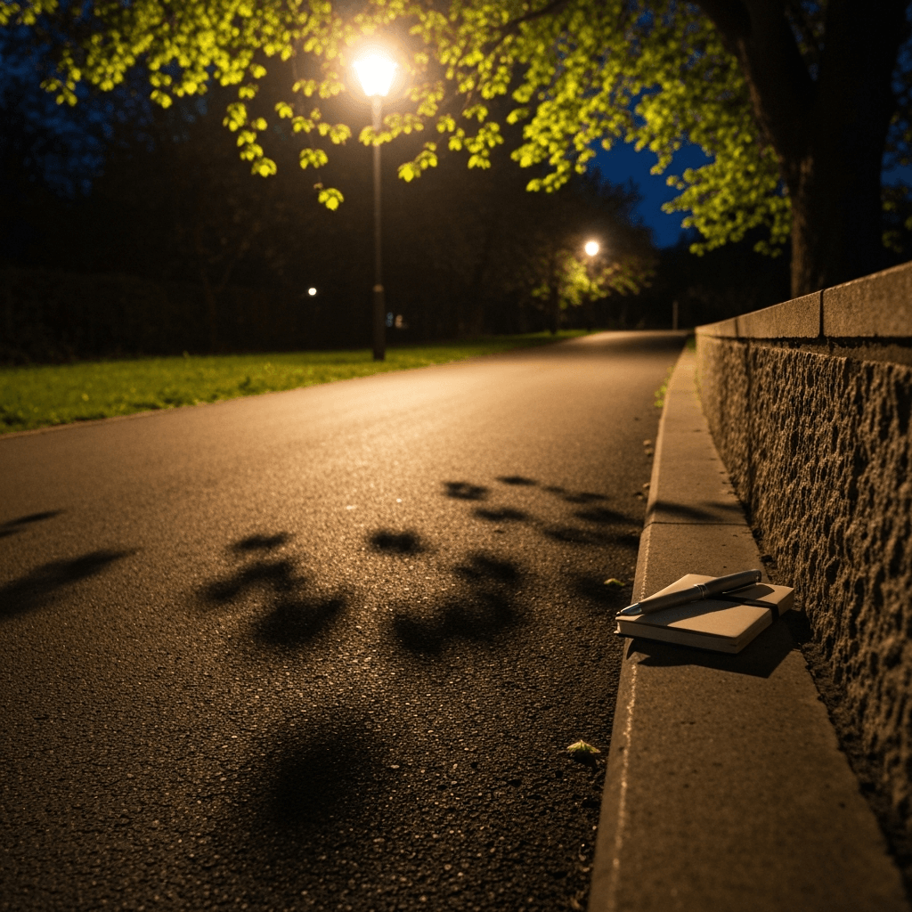 街灯に照らされた春の夜道と若葉の影
