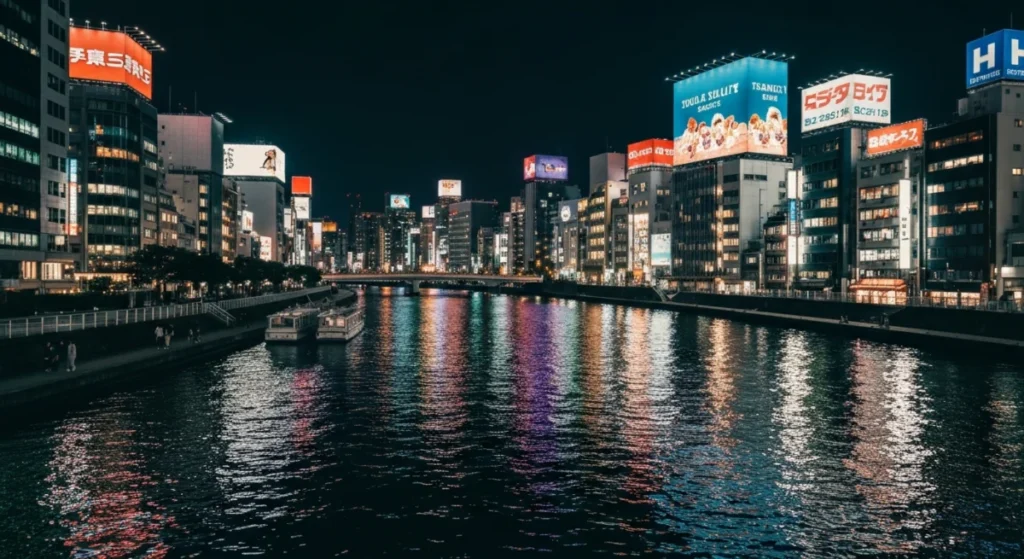 藍色の夕闇に包まれる街角と、机の上に置かれた温かいお茶
